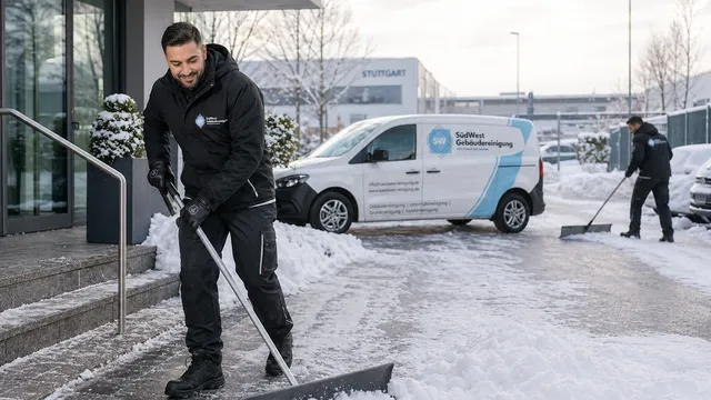 Winterdienst vor einem Wohnhaus